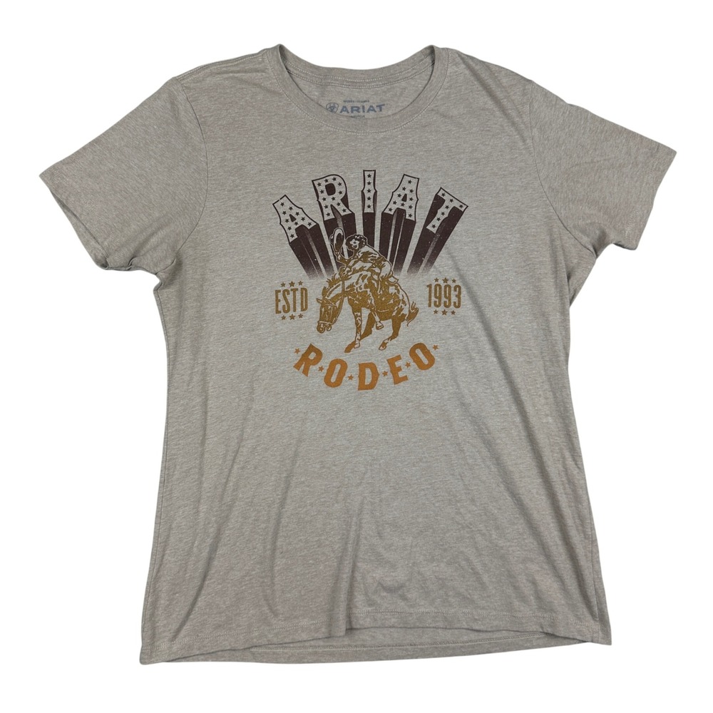 Ariat Rodeo Graphic T-Shirt Womens XL Heather Tan Western Cowgirl Bronc Rider
